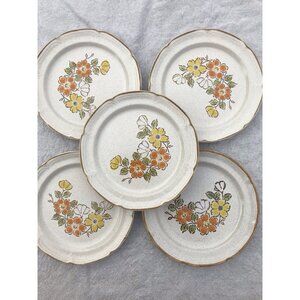 Vtg MCM HEARTHSIDE Japan Stoneware SPRING GARDEN Baroque 8” Luncheon Plate Set 5